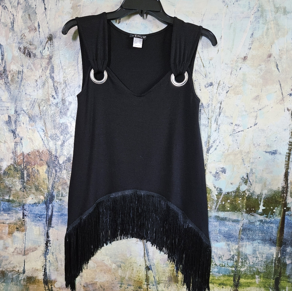 VENUS Boho Black Fringe V-neck Tunic  Tank Top with O-ring Grommets W's Sz XS
